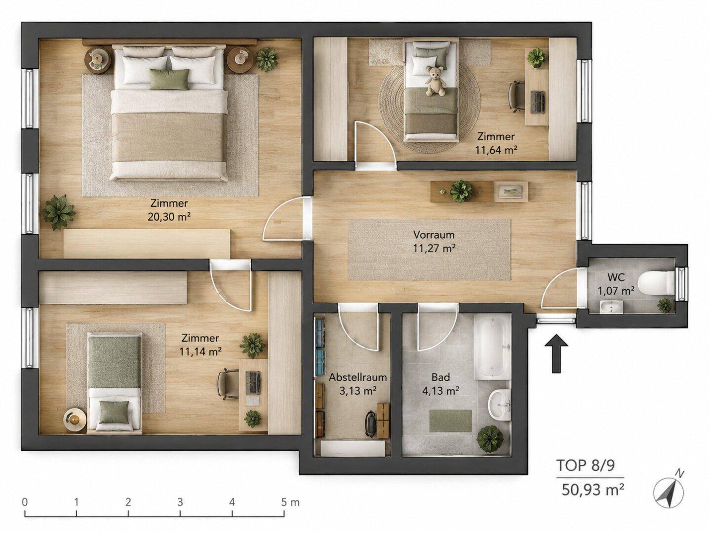 Grundriss der Wohnung mit drei Zimmern, Bad, WC und Abstellraum auf 50,93 m².