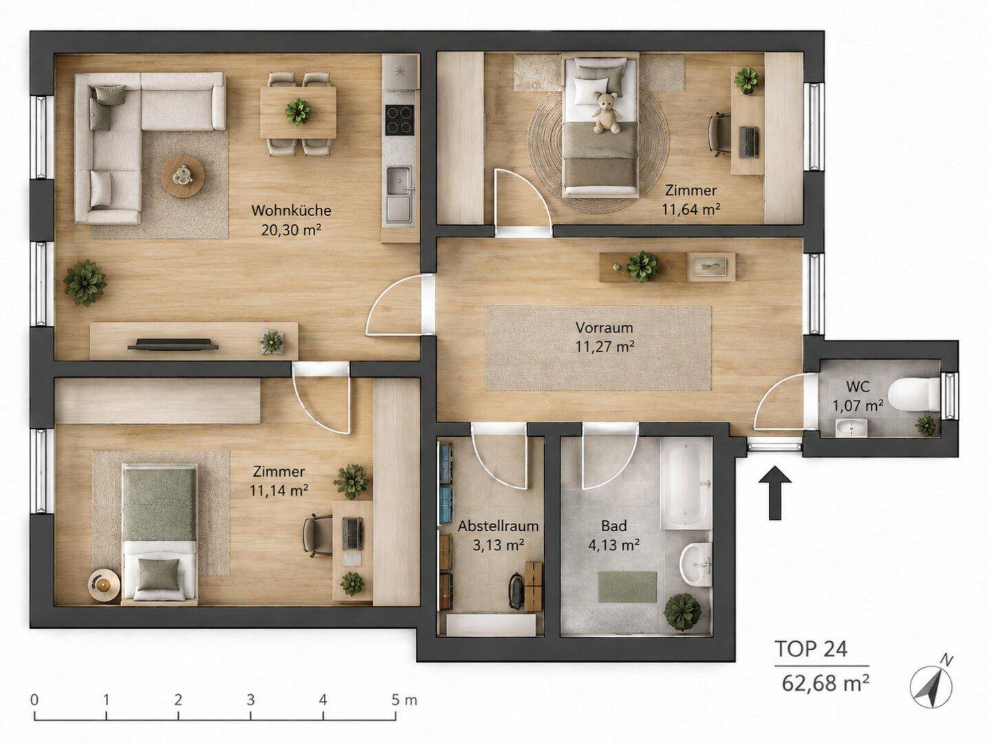 Grundriss einer Wohnung mit Wohnküche, zwei Zimmern, Bad und WC.