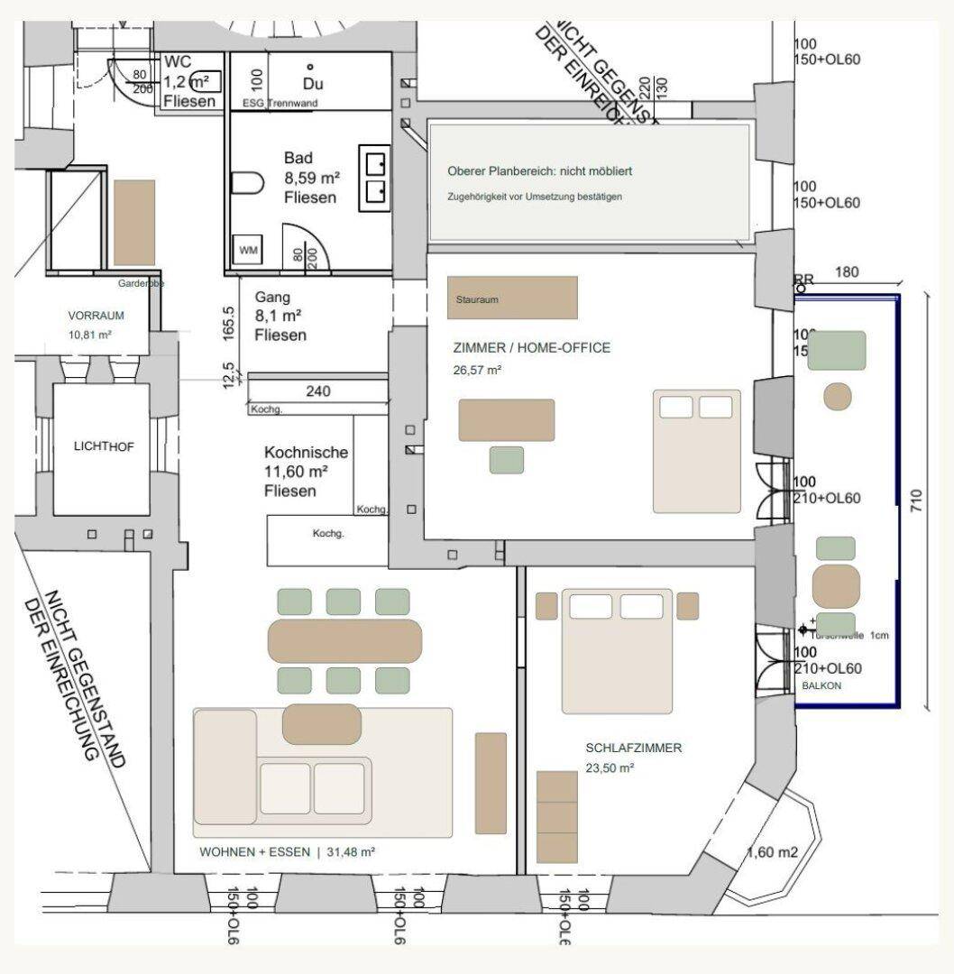 Detaillierter Grundriss einer Wohnung mit offenem Wohn-Essbereich, separater Kochnische, zwei Bädern und einem Balkon.