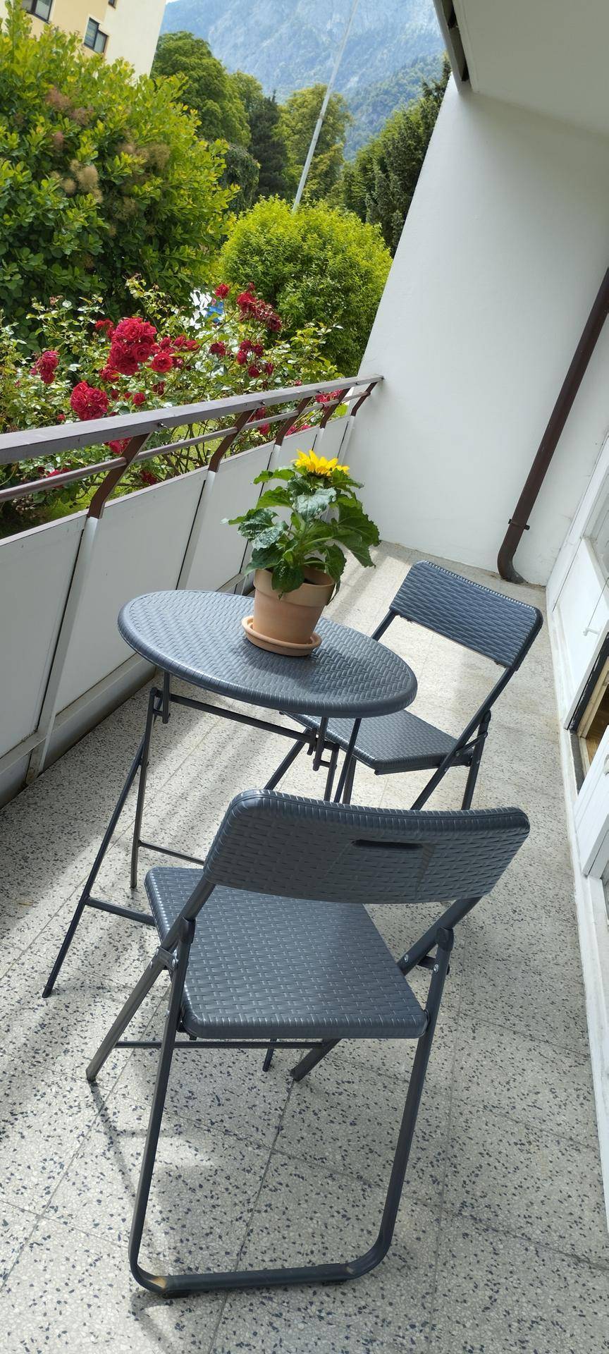 Gemütlicher Balkon mit Sitzgelegenheiten, einer Topfpflanze und Blick ins Grüne.