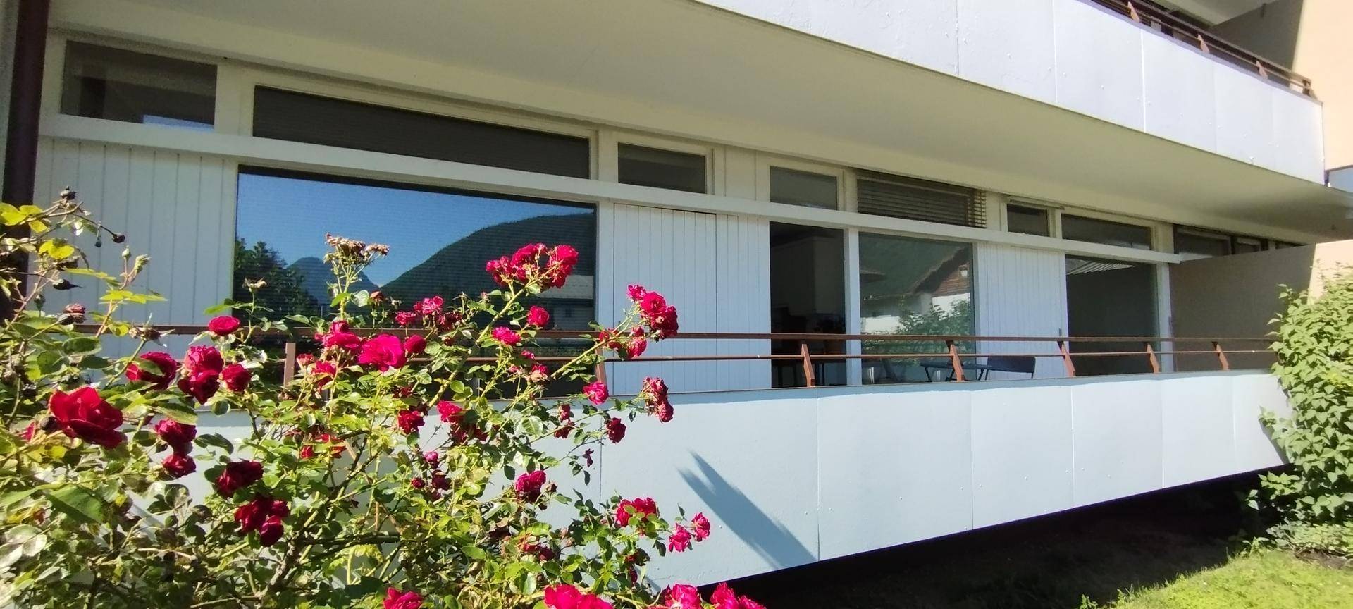Moderne Gebäudefassade mit Balkonen, umgeben von blühenden Rosen und Bergreflexionen in den Fenstern.