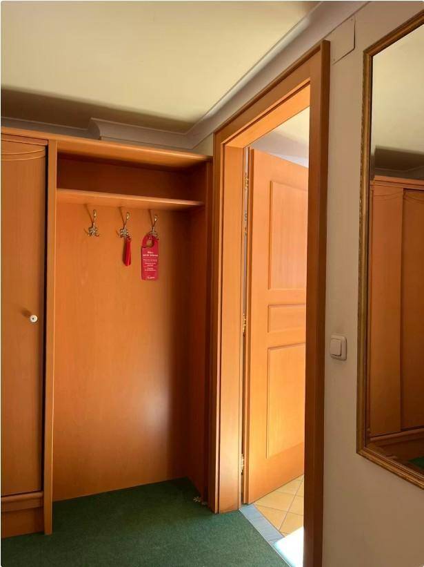 Eingangsbereich oder Flur mit integriertem Kleiderschrank, Spiegel und Teppichboden.