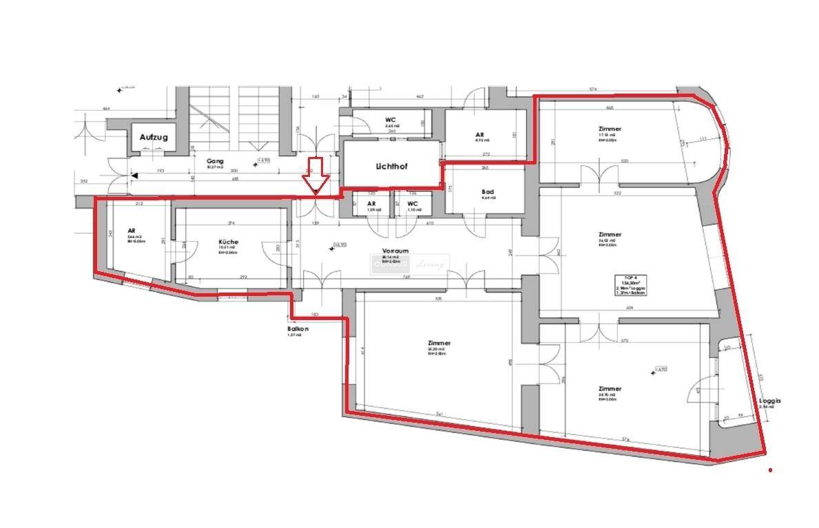 Detaillierter Grundriss einer Wohnung mit mehreren Zimmern, Balkon und Loggia.