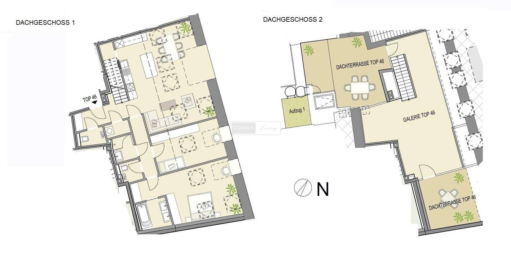 Grundriss der Dachgeschosswohnung mit zwei Ebenen und mehreren Dachterrassen.