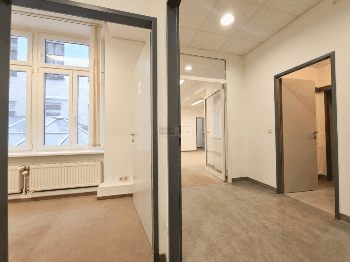 Büroraum mit Teppichboden und großen Fenstern, die einen Blick auf den Innenhof ermöglichen.