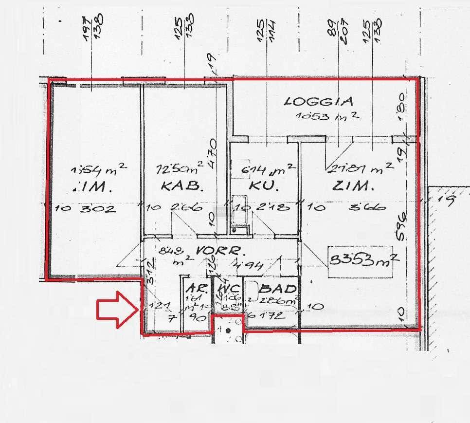 Handgezeichneter Grundriss mit Raumaufteilung und Flächenangaben der Wohnung.