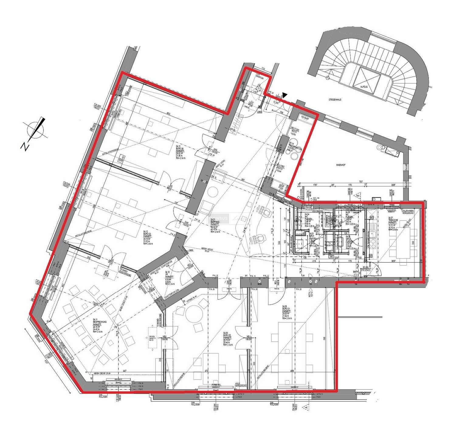 Detaillierter Grundriss einer Wohnung mit mehreren Zimmern und einem Treppenhaus.