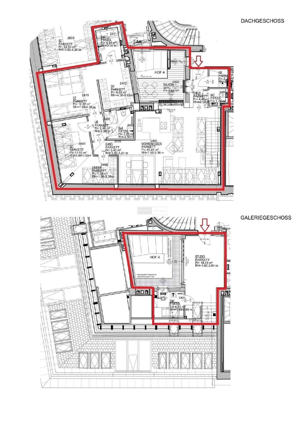 Grundriss des Dachgeschosses und Galeriegeschosses mit Raumaufteilung und Balkon.