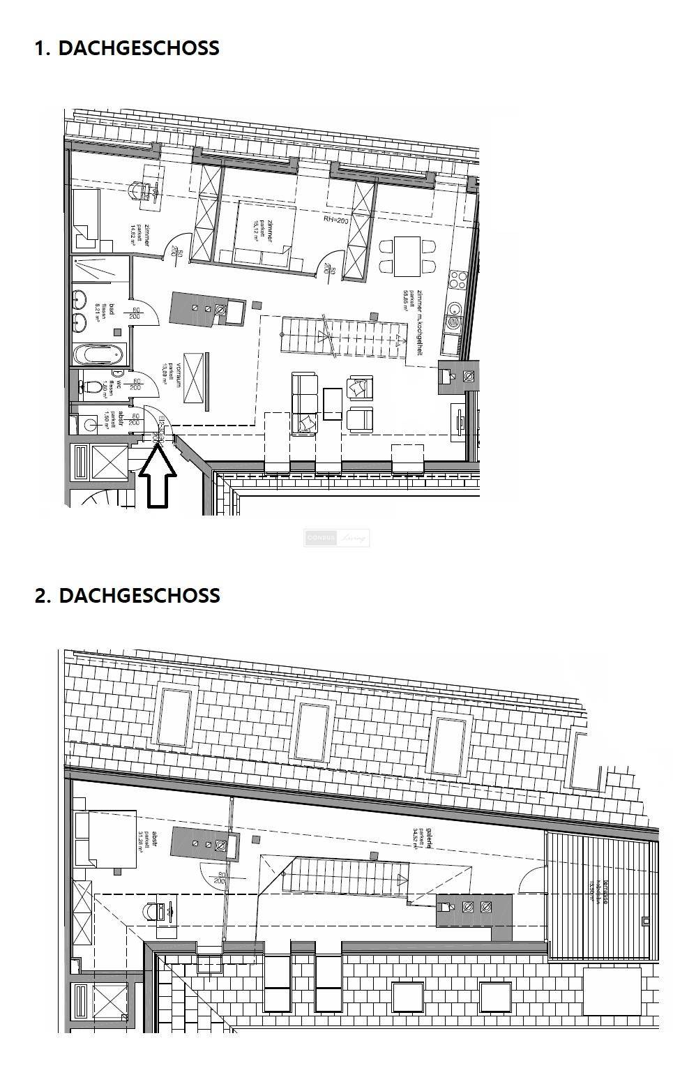 Grundrisspläne des ersten und zweiten Dachgeschosses mit offener Raumaufteilung.