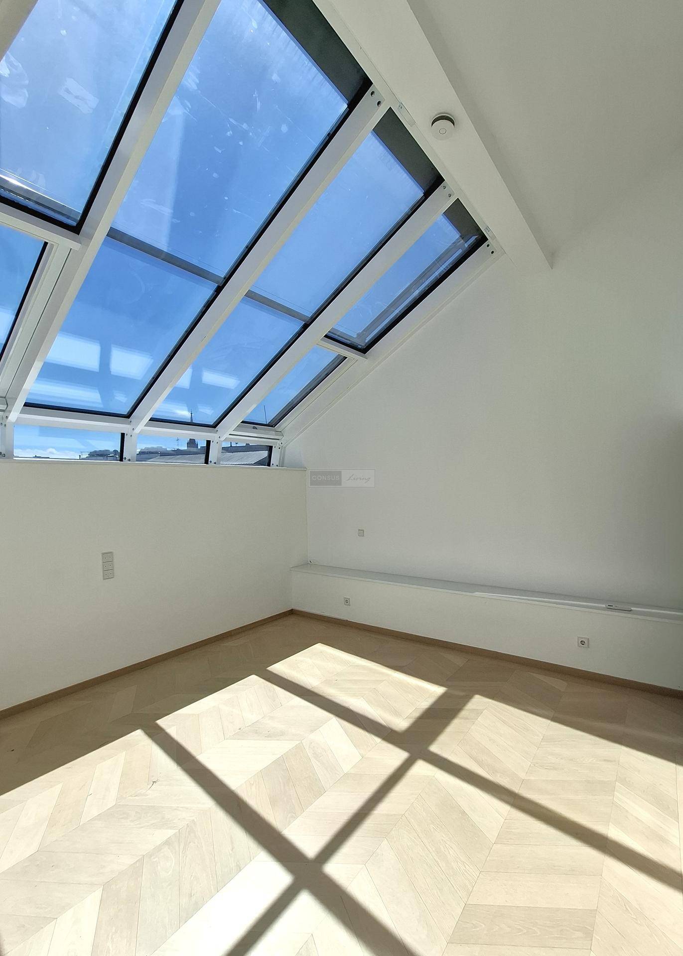Heller Raum mit großflächigen Dachfenstern, die den Boden mit Sonnenlicht durchfluten.