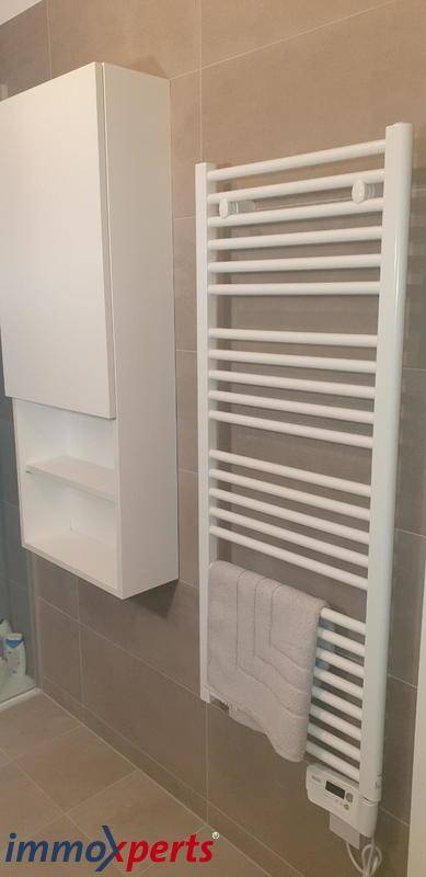 Modernes Badezimmer mit beheiztem Handtuchhalter und Wandschrank, praktisch und komfortabel.