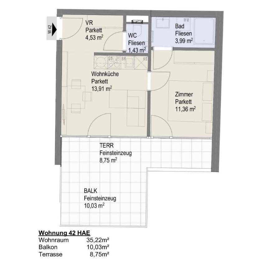 Grundriss einer Wohnung mit Wohnküche, Zimmer, Bad, WC, Terrasse und Balkon.