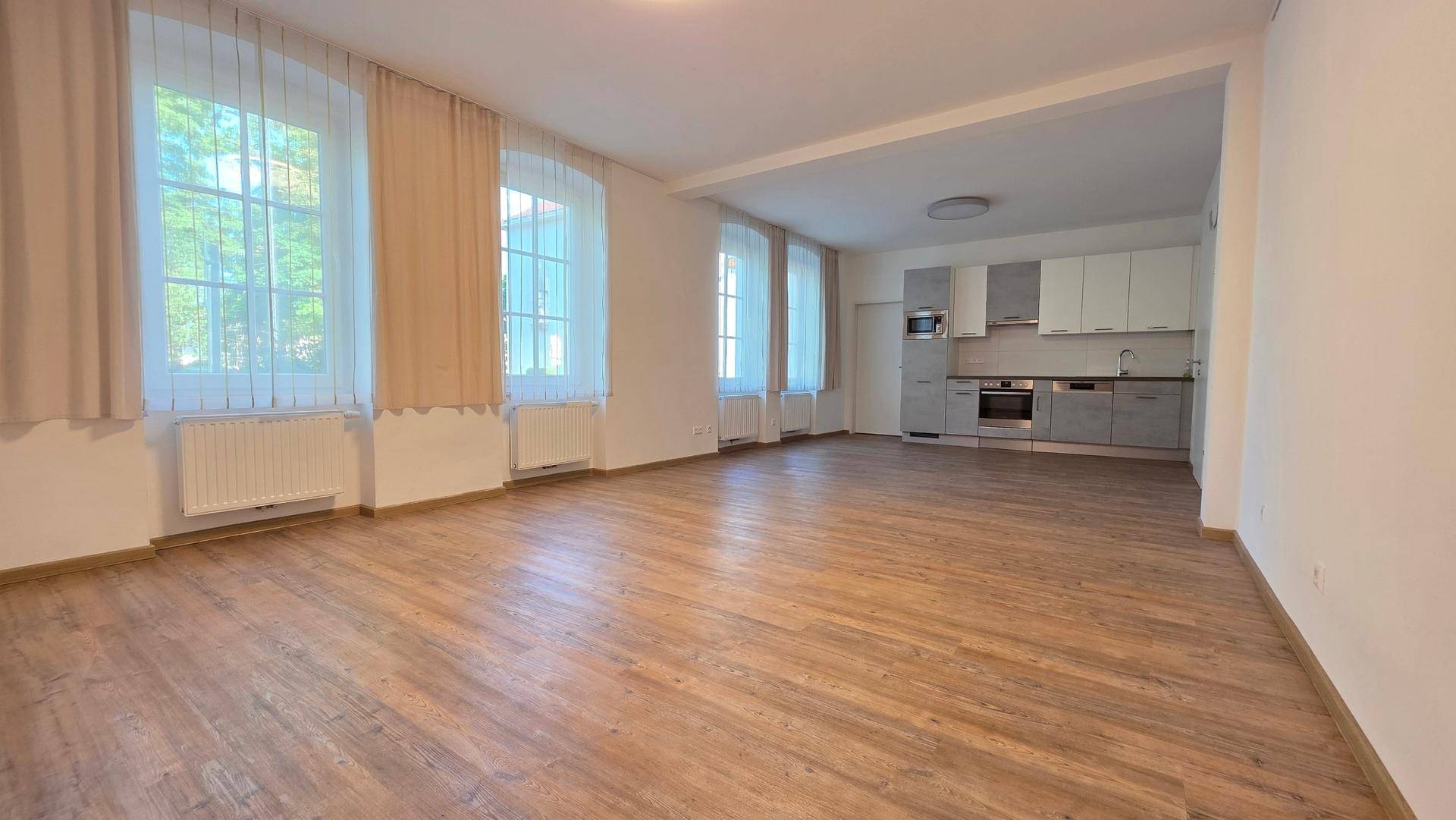 Offener Wohnbereich mit integrierter Küche, Laminatboden und großen Fenstern für viel Tageslicht.
