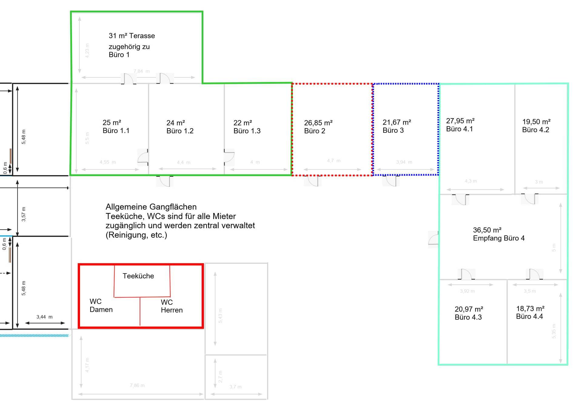 Detaillierter Grundriss mit verschiedenen Büroeinheiten, Teeküche und Toilettenbereichen.