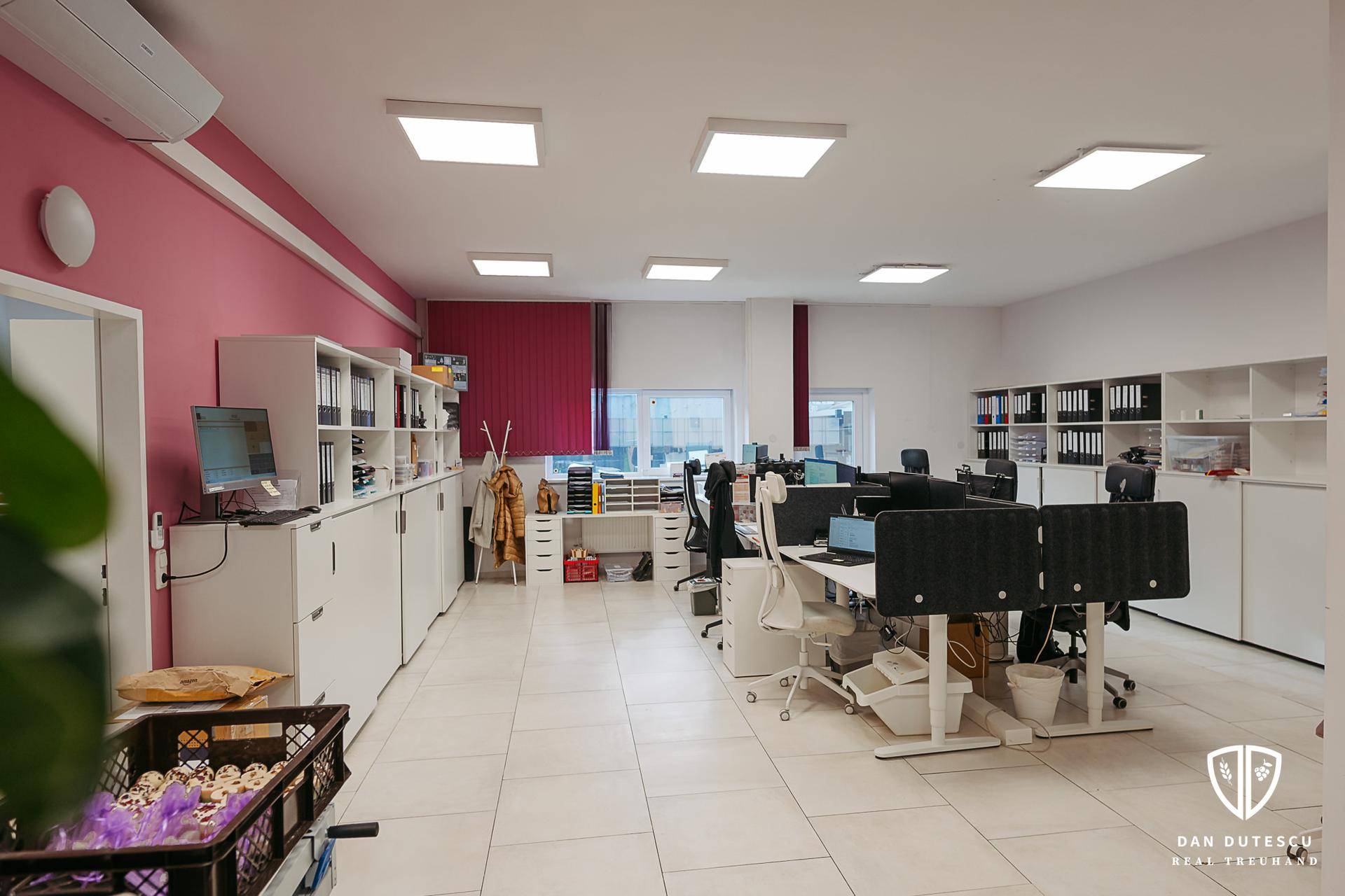Helles Großraumbüro mit mehreren Arbeitsplätzen, weißen Regalen und einer auffälligen rosa Akzentwand.
