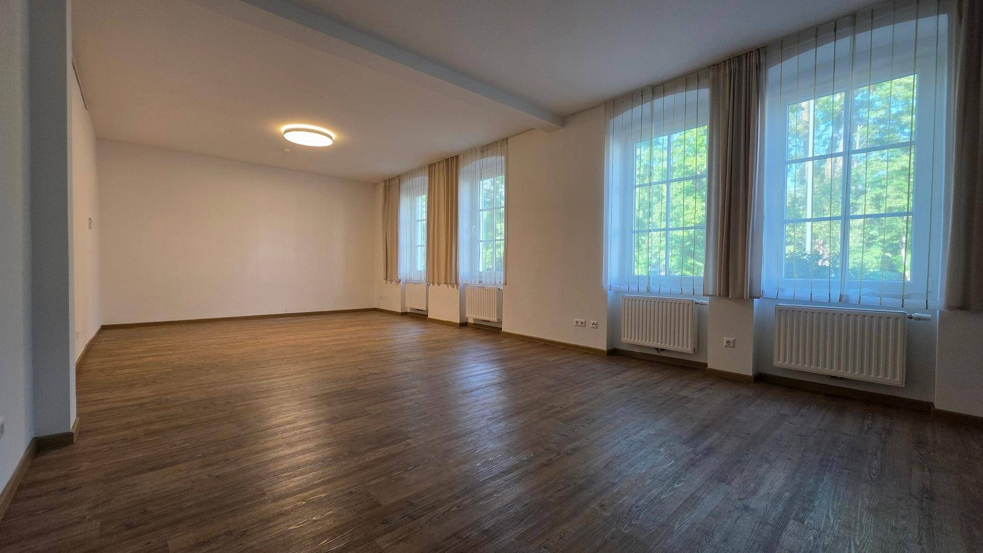 Großer, heller Wohnraum mit mehreren Fenstern und Laminatboden, ideal für individuelle Gestaltung.