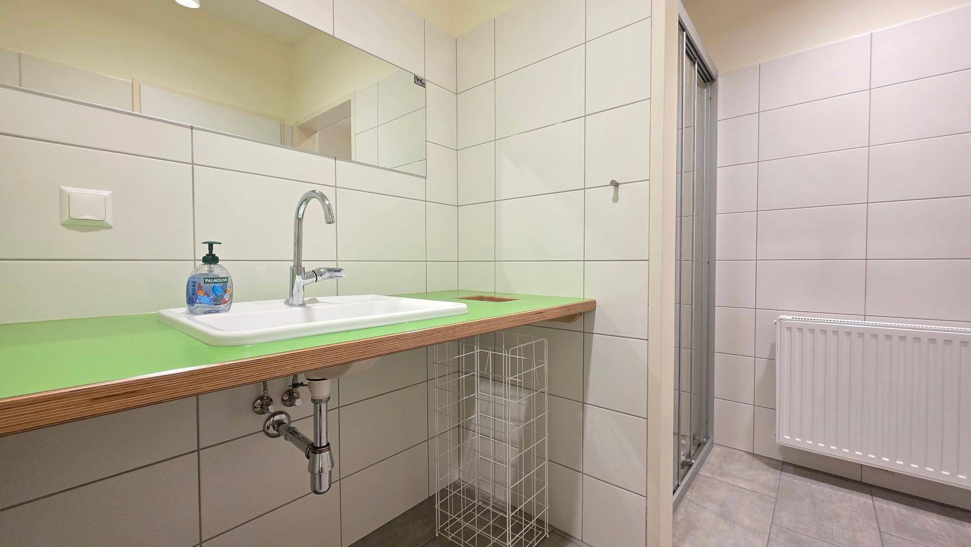 Funktionales Badezimmer mit Duschkabine, Waschbecken und Heizkörper, hell gefliest und gut gepflegt.