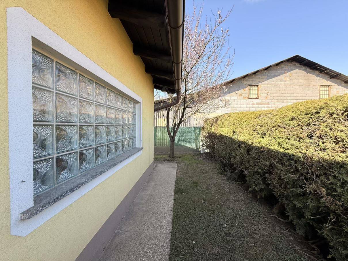 Seitenansicht des Hauses mit einem Glasbausteinfenster und einer grünen Hecke entlang des Weges.