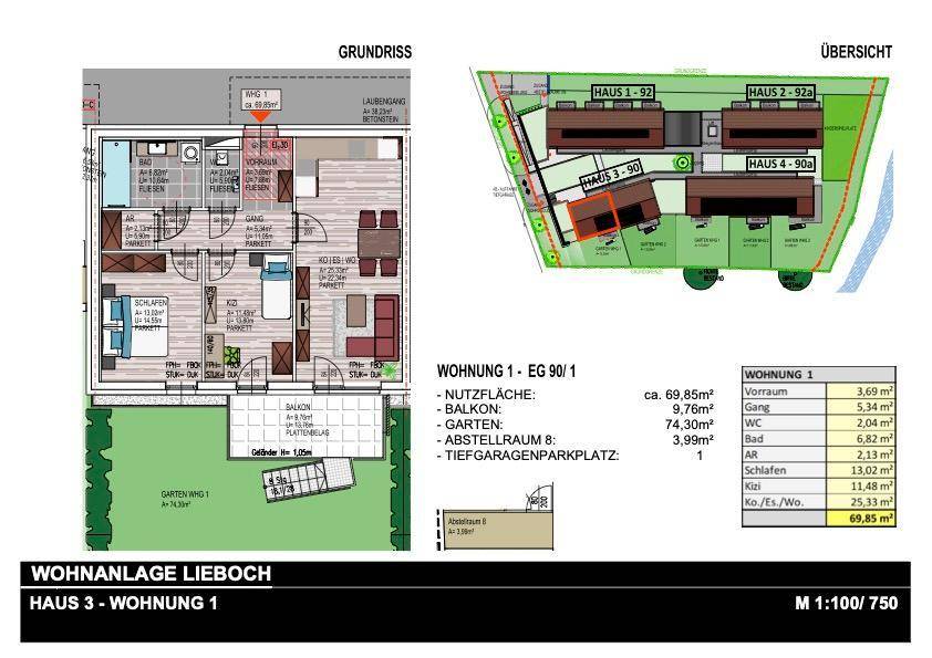 Detaillierter Grundriss einer Wohnung mit Balkon und Garten sowie Übersicht der Wohnanlage.