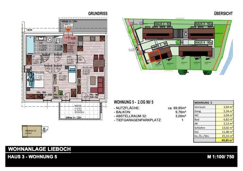 Detaillierter Grundriss der Wohnung 5 mit Flächenangaben und Lageplan der Wohnanlage.
