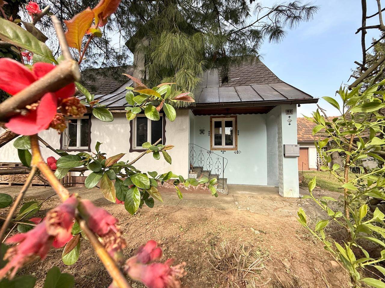 Eingangsbereich des Hauses mit Treppe und blühenden Sträuchern im Vordergrund, einladend gestaltet.