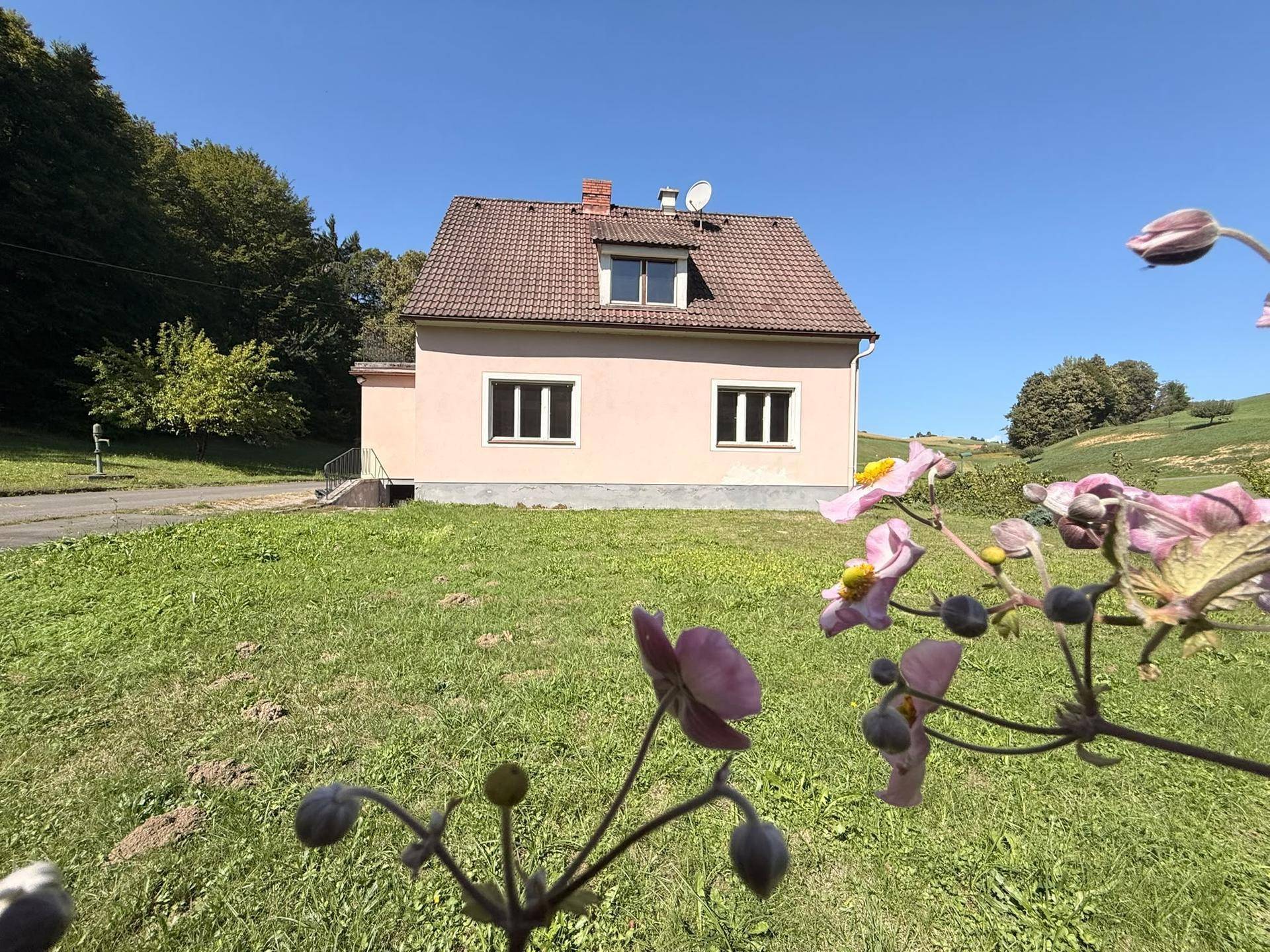 Charmantes Einfamilienhaus in ländlicher Umgebung, umgeben von blühenden Pflanzen und Natur.