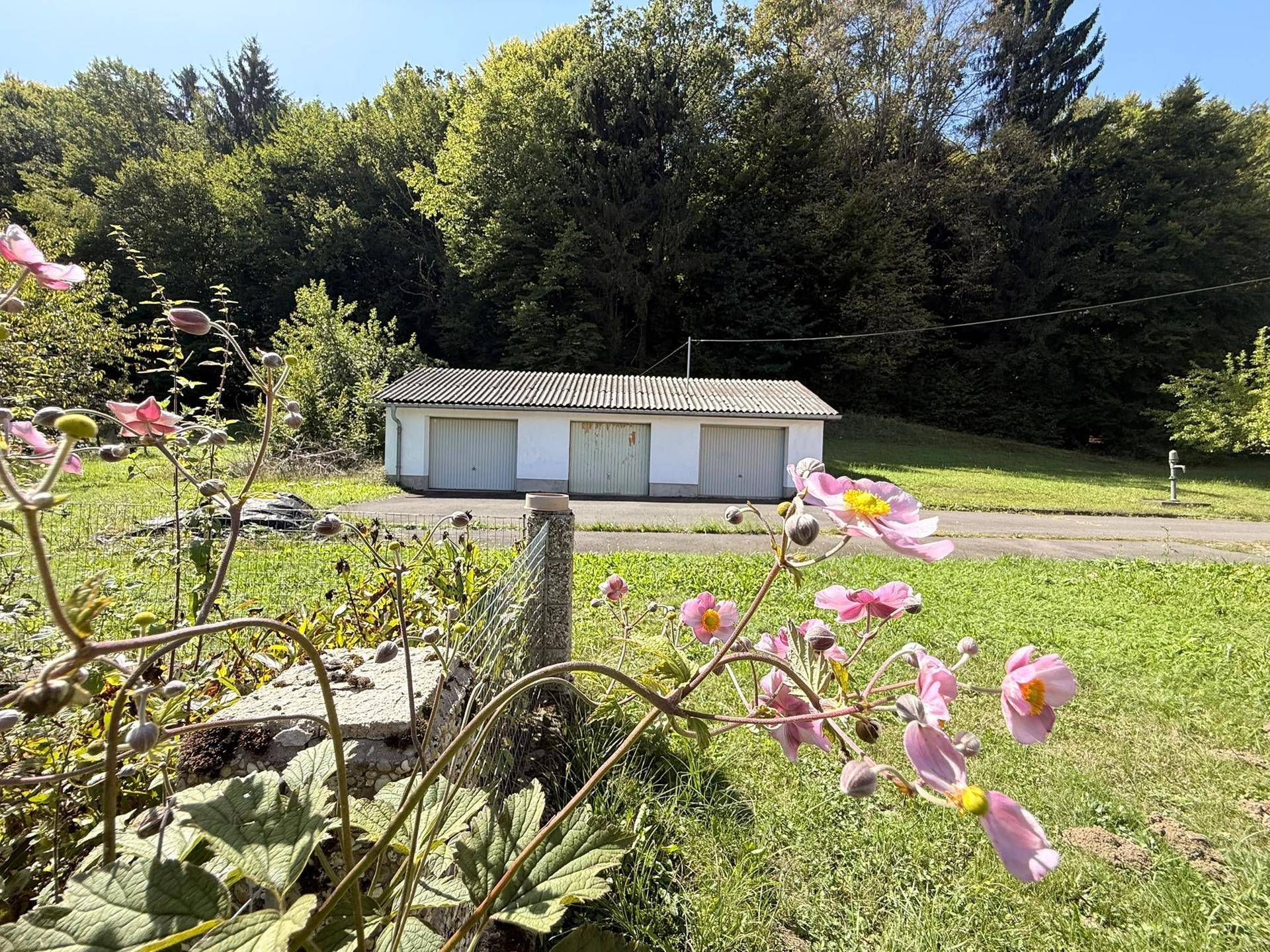 Garagengebäude mit drei Stellplätzen, umgeben von grüner Natur und blühenden Pflanzen.