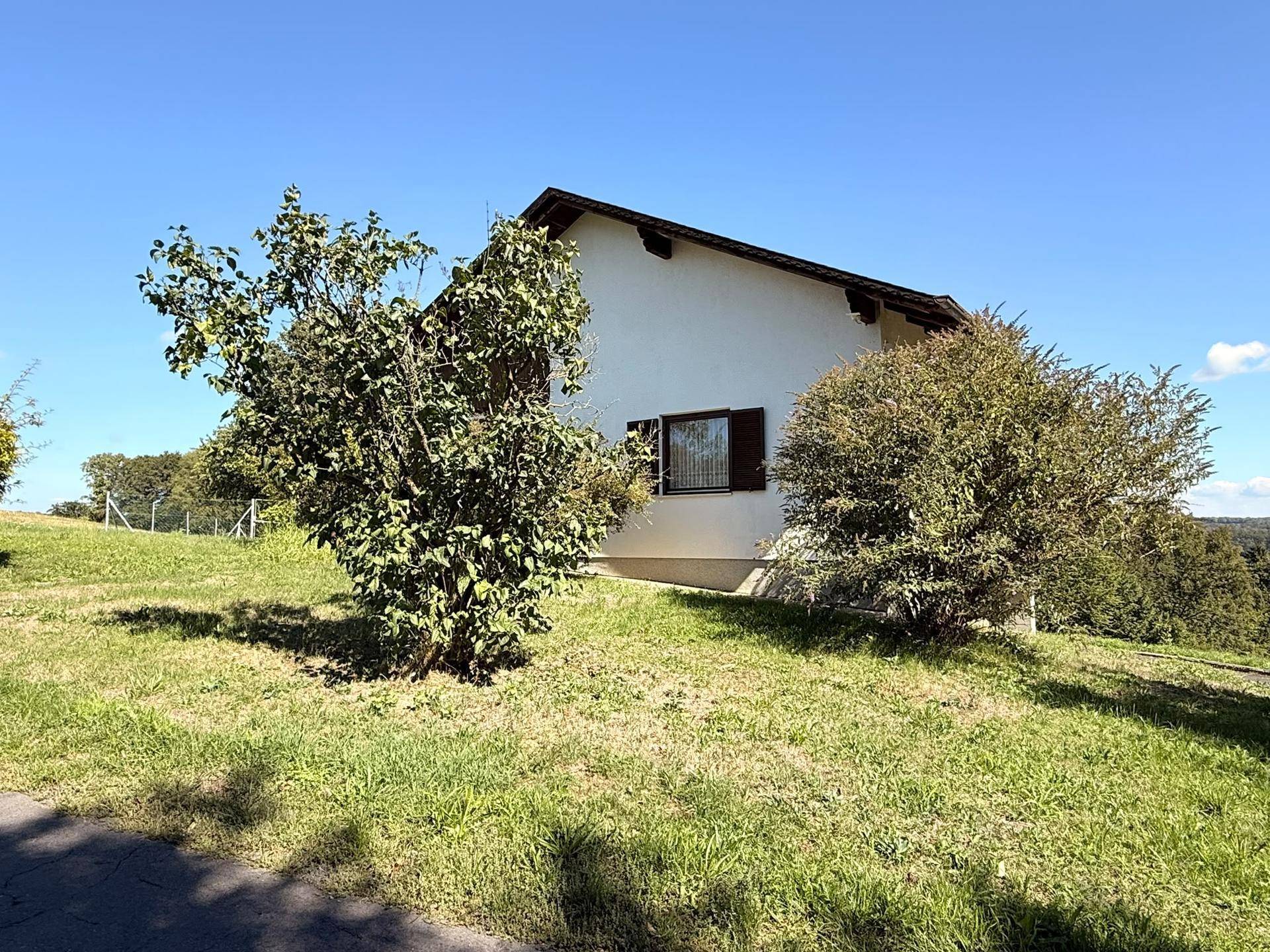 Seitenansicht des Hauses mit gepflegtem Rasen und Sträuchern unter klarem, blauem Himmel.