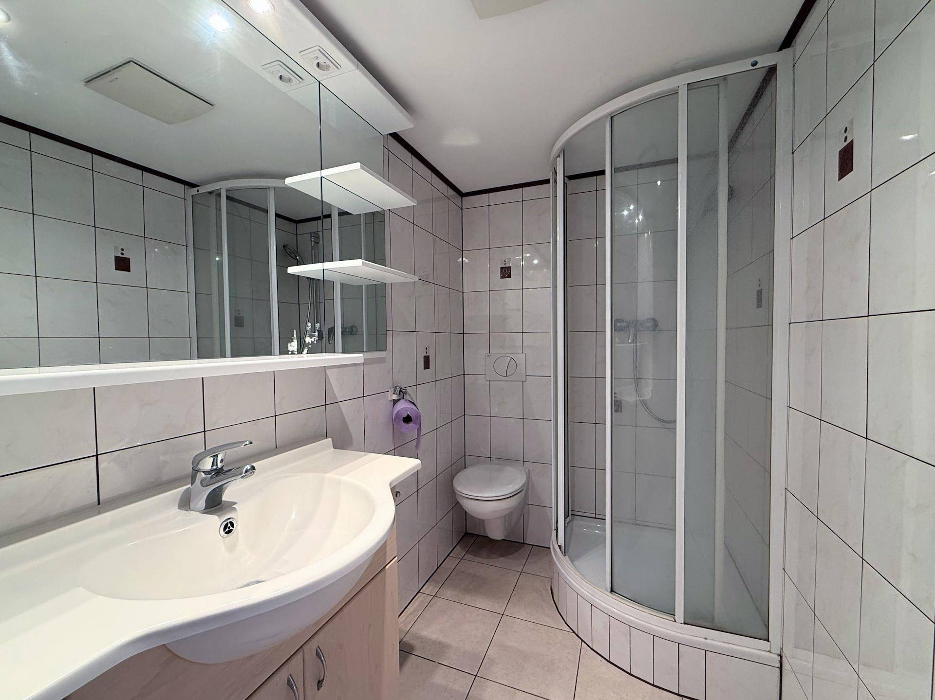 Badezimmer mit Duschkabine, Waschbecken und großem Spiegel.