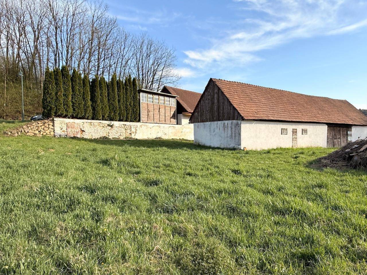 Ländliche Szenerie mit grüner Wiese, alten Gebäuden und einer Baumreihe im Hintergrund.