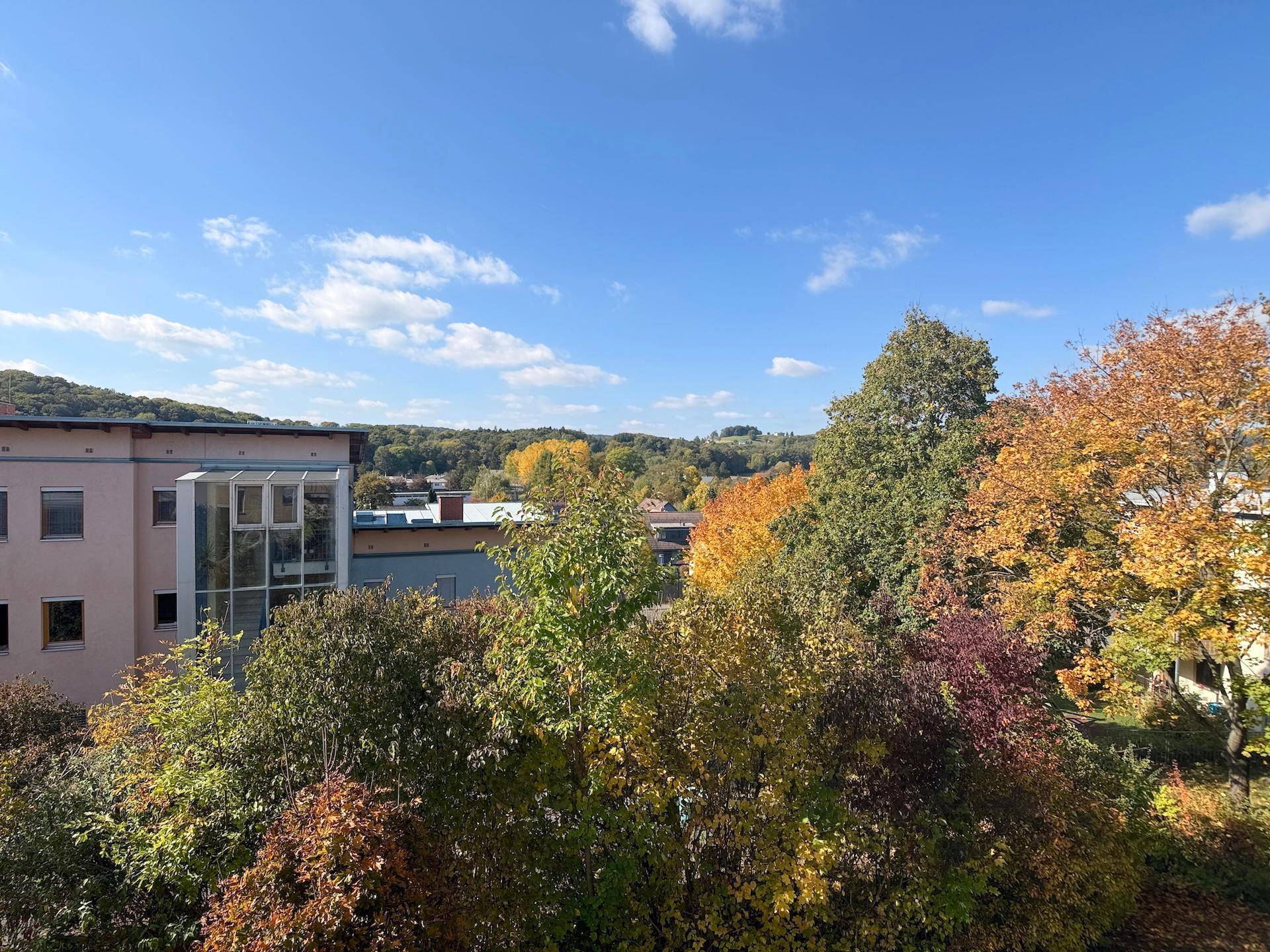 Weitläufiger Ausblick über herbstliche Bäume und die umliegende Landschaft unter blauem Himmel.