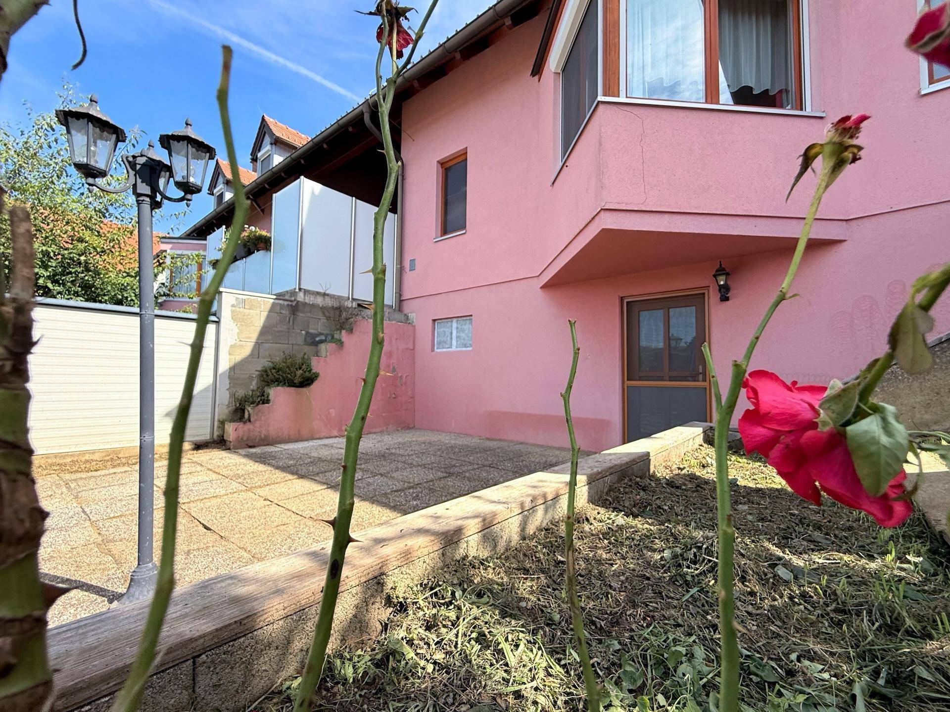 Rote Rosen im Vordergrund mit Blick auf die rosa Hausfassade und den Garten.