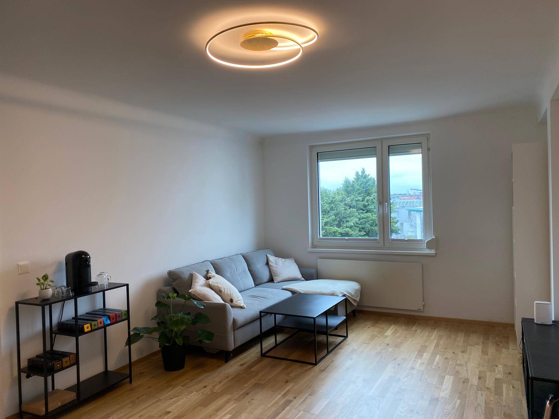 Gemütliches Wohnzimmer mit Sofa, Couchtisch und Blick ins Grüne durch das Fenster.