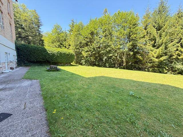 Große Rasenfläche neben dem Gebäude mit Picknicktisch und hohen Hecken.