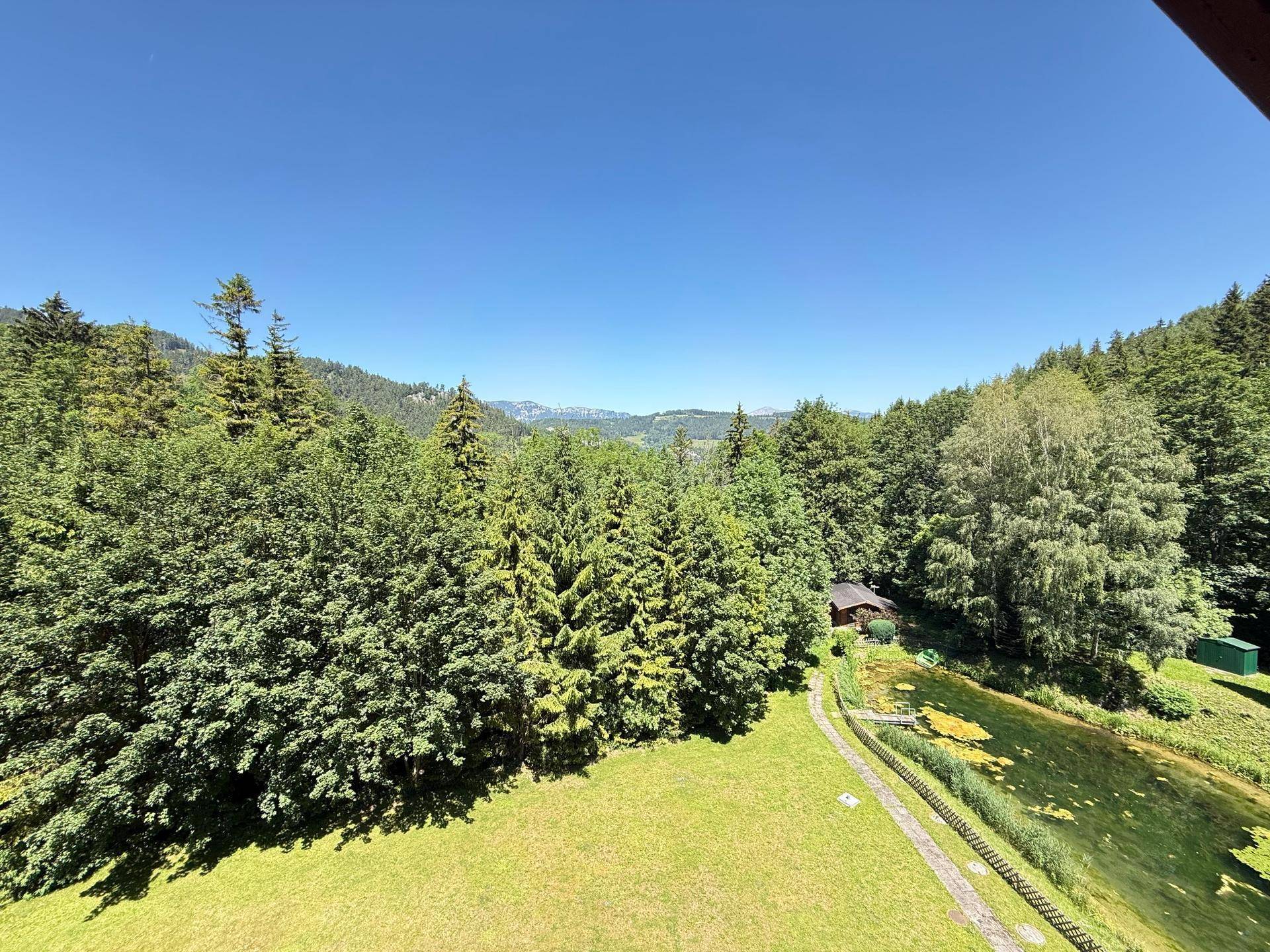 Weitläufiger Gartenbereich mit Teich, altem Baumbestand und Blick auf die Berge.