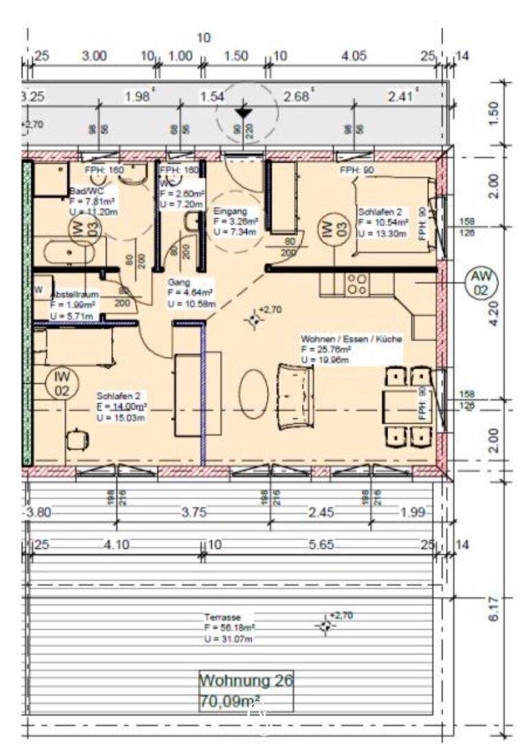 Grundriss einer Wohnung mit offenem Wohnbereich, zwei Schlafzimmern und großer Terrasse.