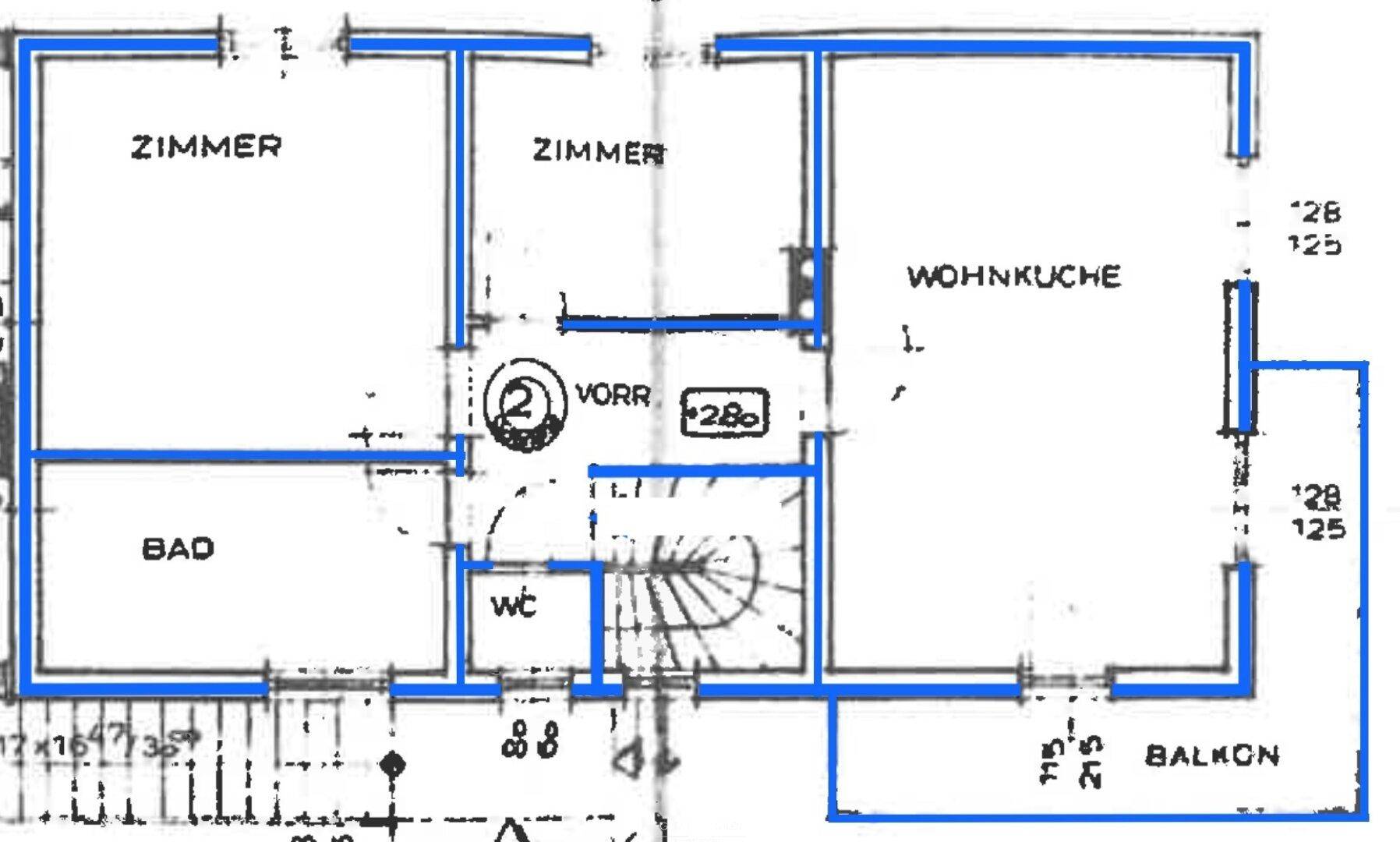 Grundriss einer Wohnung mit zwei Zimmern, Wohnküche, Bad, separatem WC und Balkon.