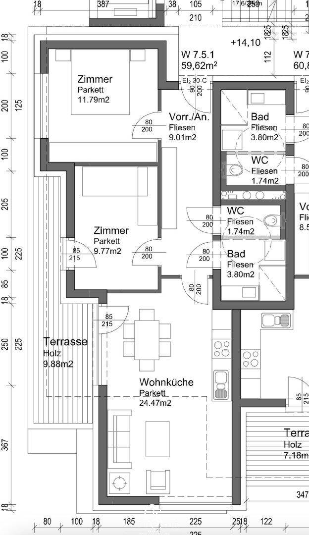 Detaillierter Ausschnitt eines Grundrisses mit Zimmern, Bädern, WC und einer Wohnküche.