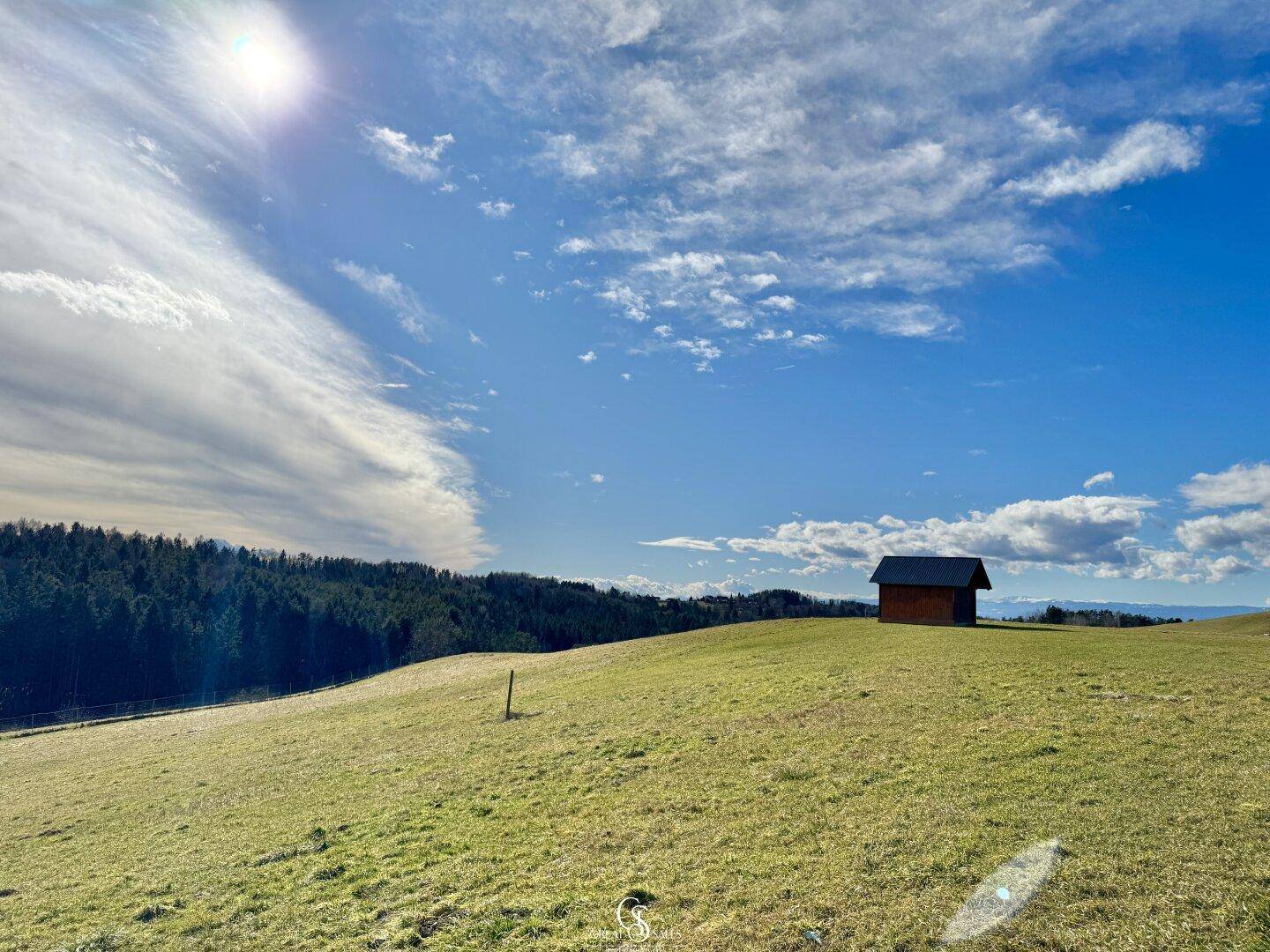 Sonniger grüner Hügel mit einem kleinen Holzschuppen in der Ferne unter einem weiten blauen Himmel.