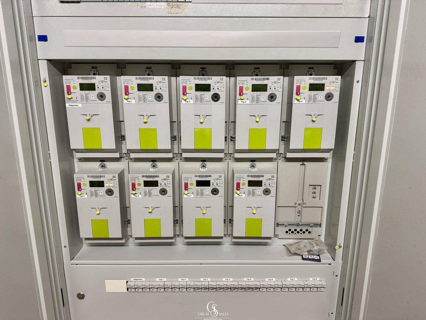 Zählerkasten mit mehreren Stromzählern in einem Technikraum des Gebäudes.
