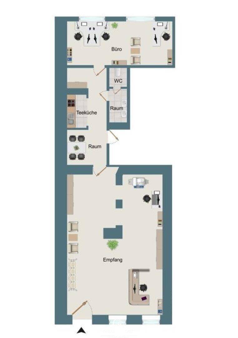 Detaillierter Grundriss mit Büros, Teeküche, WC und Empfangsbereich für eine Gewerbefläche.