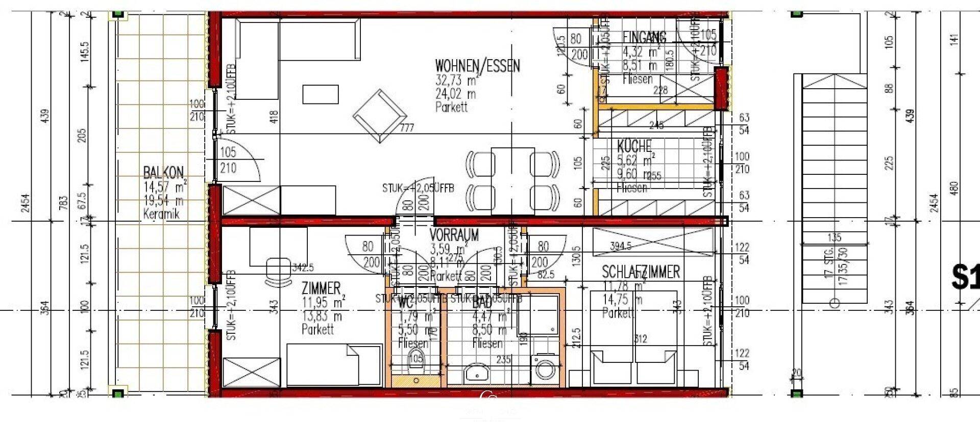 Detaillierter Grundriss einer Wohnung mit Wohn-/Essbereich, Küche, Schlafzimmern und Balkon.