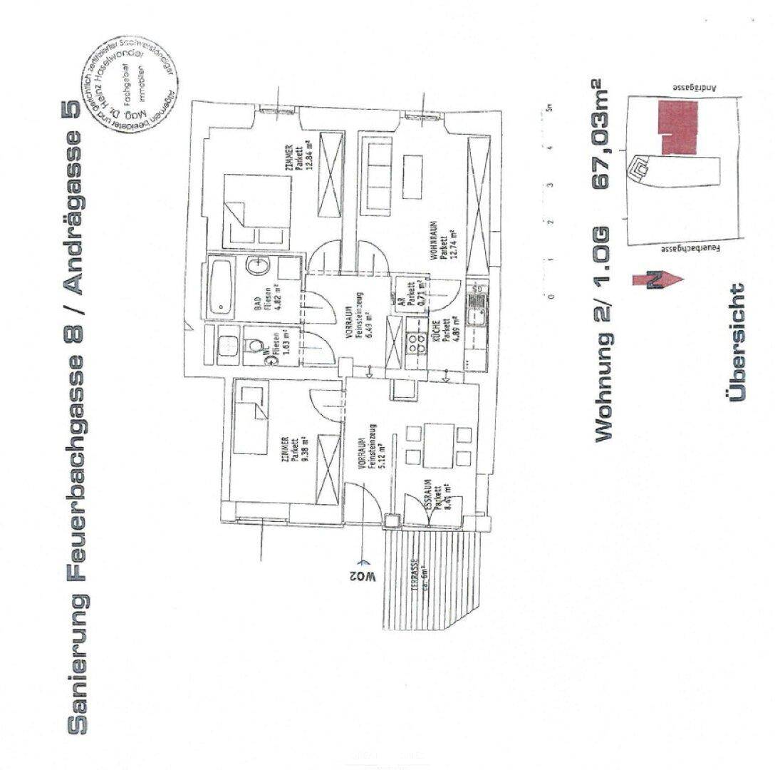Grundriss der Wohnung 2/1.OG mit 67,03m² und Aufteilung der Zimmer.