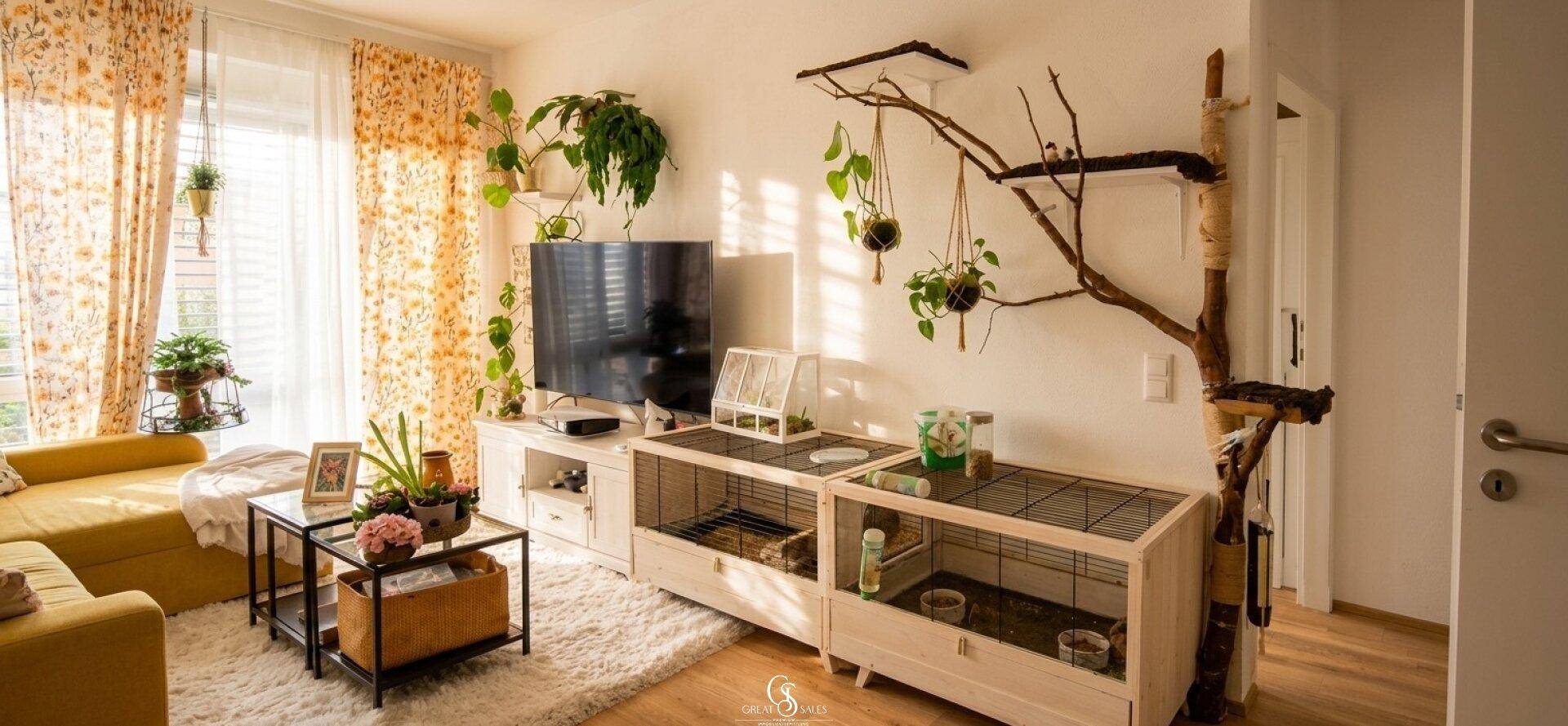 Wohnzimmer mit Fernseher, Stauraum und kreativer Dekoration mit hängenden Pflanzen.
