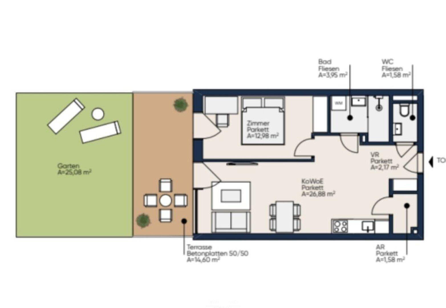 Grundriss einer Wohnung mit Terrasse, Garten und offenem Wohnbereich für modernes Wohnen.