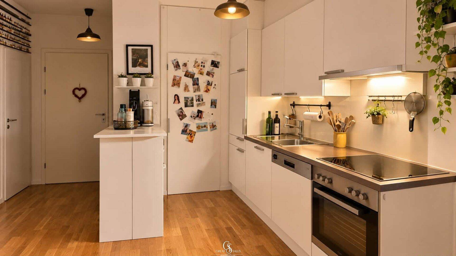 Moderne weiße Küche mit Holzboden, Einbaugeräten und viel Stauraum für Kochutensilien.