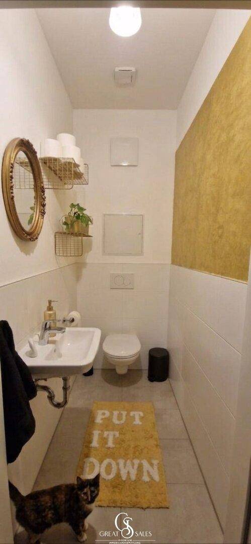 Kleines Gäste-WC mit Wand-WC, Waschbecken und dekorativem Spiegel für Besucher.