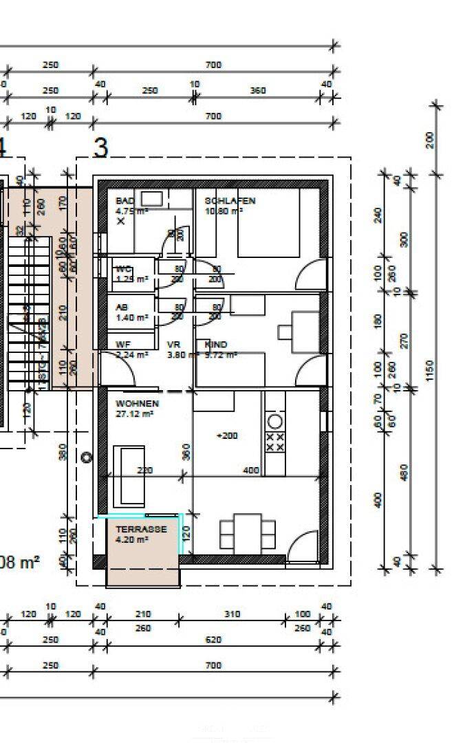 Grundrissplan einer Wohnung mit drei Zimmern, Bad, WC und Terrasse, inklusive Maßen.