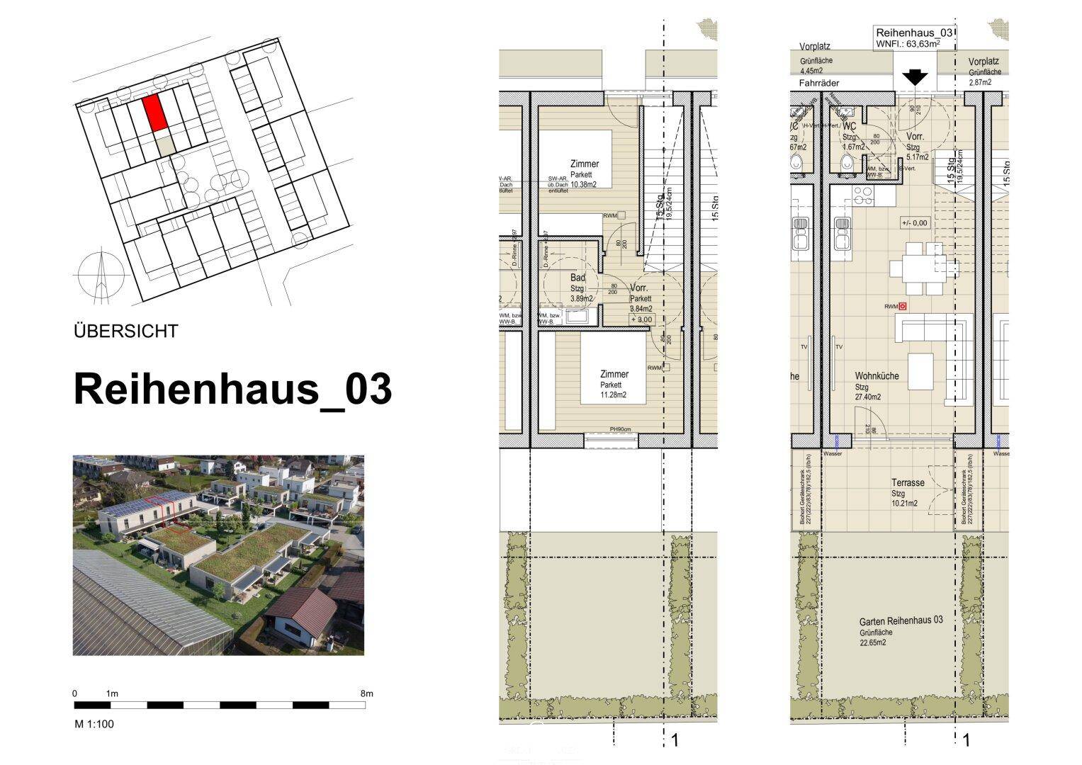 Detaillierter Grundriss eines Reihenhauses mit Garten, Terrasse und Wohnküche.