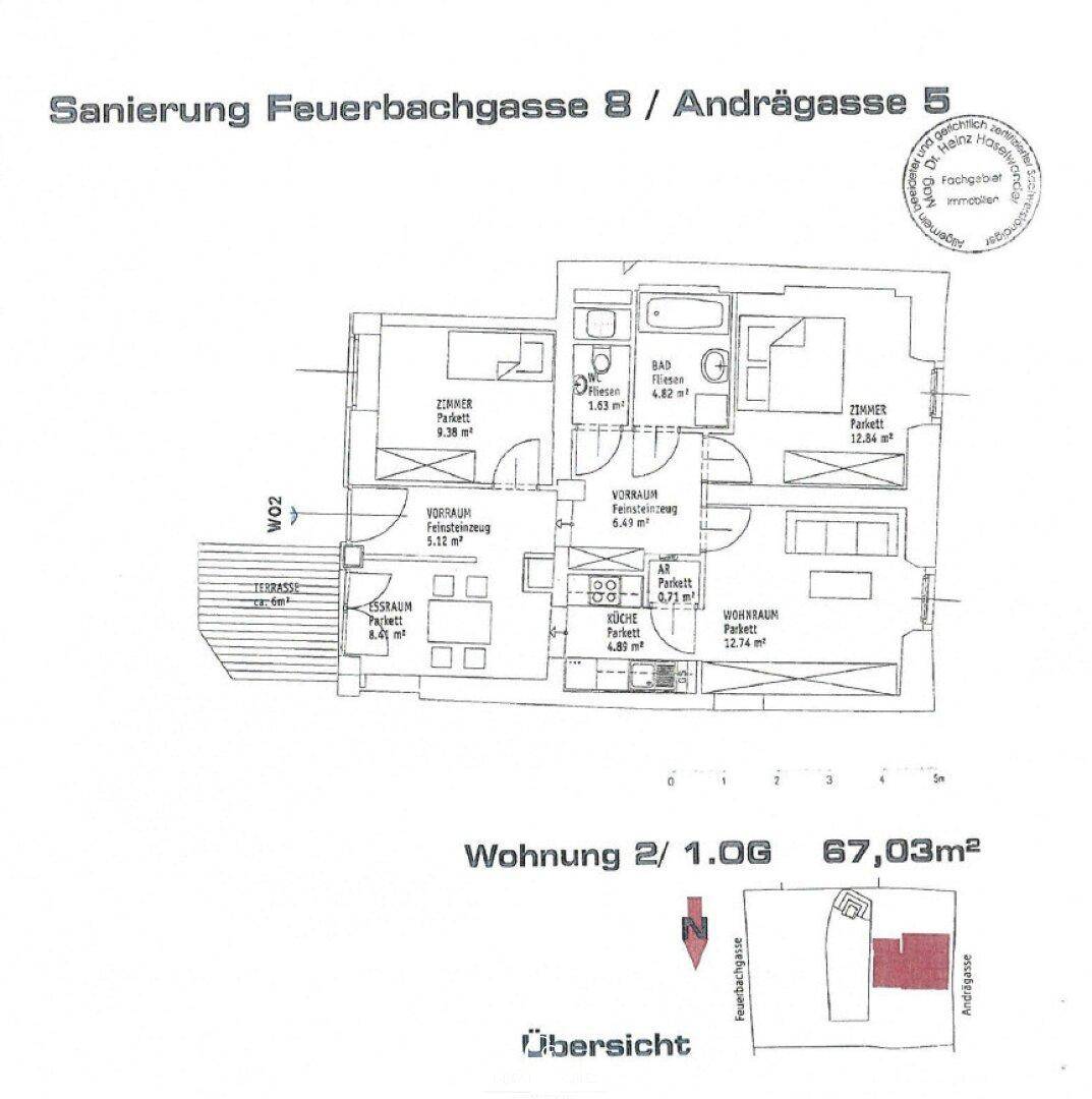 Grundriss einer 67,03 m² großen Wohnung mit zwei Zimmern, Wohnraum, Essraum, separater Küche und Terrasse.